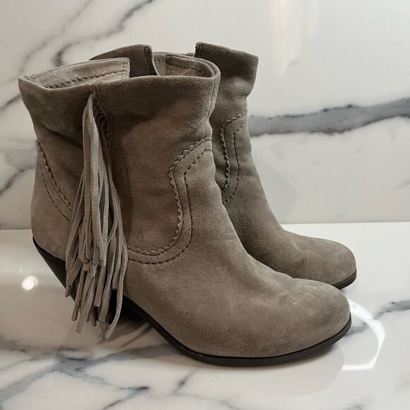 Sam Edelman | Women's Taupe Gray Leather Fringe Western Louie Ankle Boots Sz 6 - Picture 2 of 8